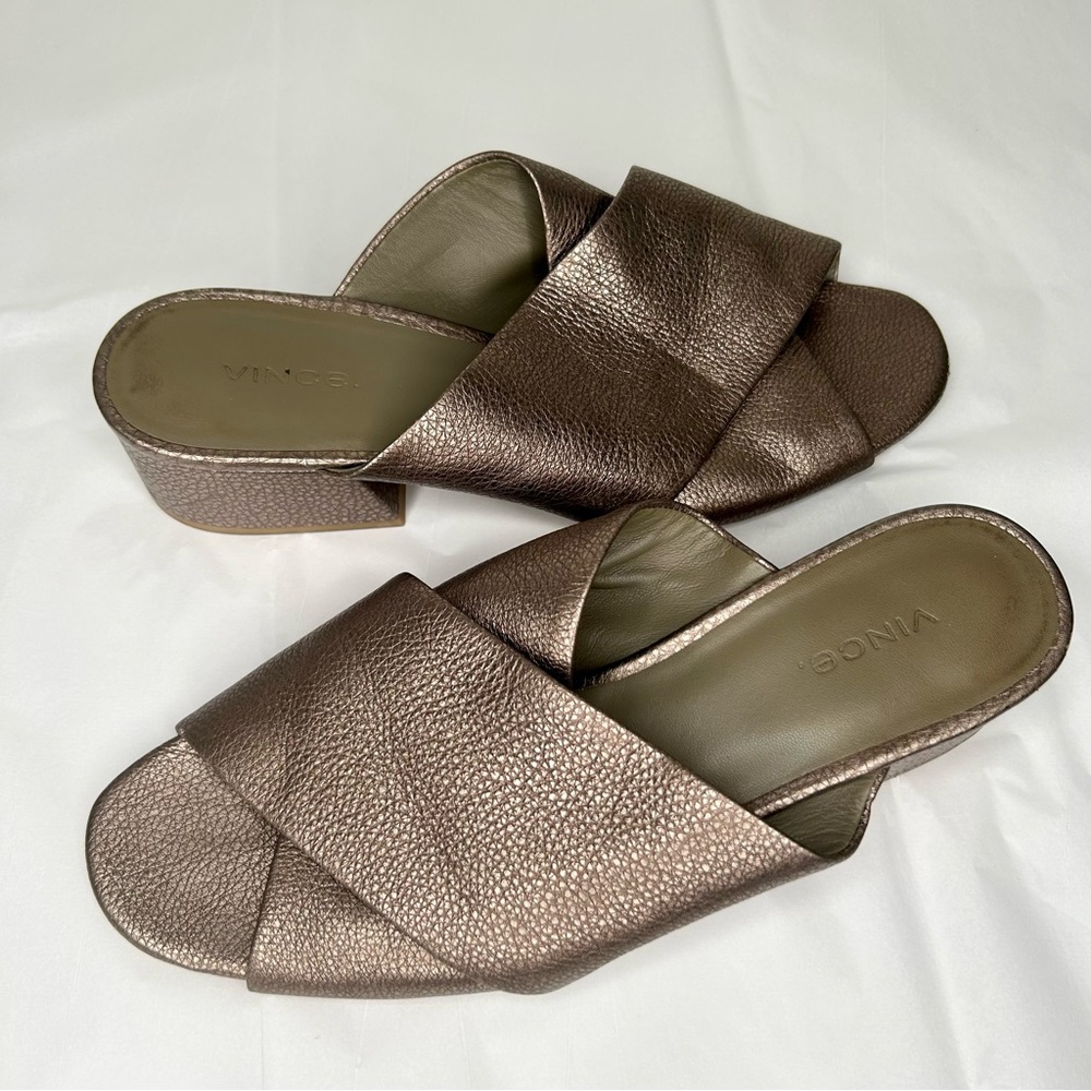 Vince Karsen Metallic Bronze Pebbled Leather Mule Slides